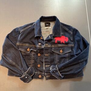 Cropped Blue Denim Jacket with Red Buffalo